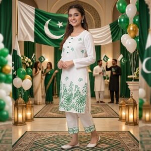 Women's 2-Piece Independence Day / Festive Lawn Kurti & Trousers Set