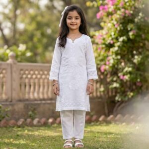 Girls White Embroidered Chikankari Kurta  for 14 August Event