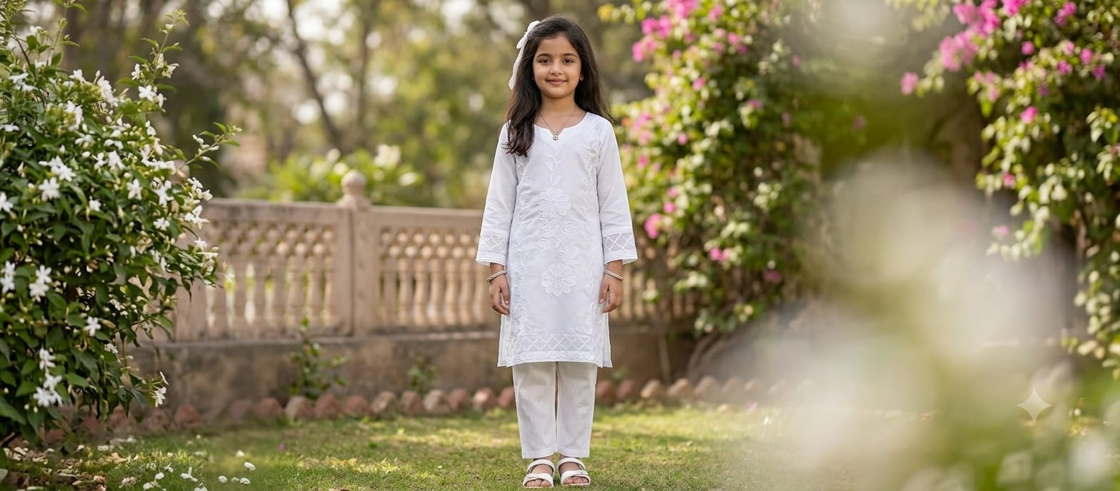Girls White Embroidered Chikankari Kurta for 14 August Event